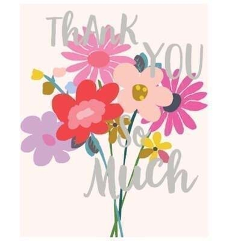 Thank You So Much with pink red and purple flowers card by Liz and Pip. Card decorated with vibrant flowers. Blank inside for your own message. 120x150mm
